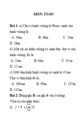Bài kiểm tra 45 phút môn Toán Lớp 3